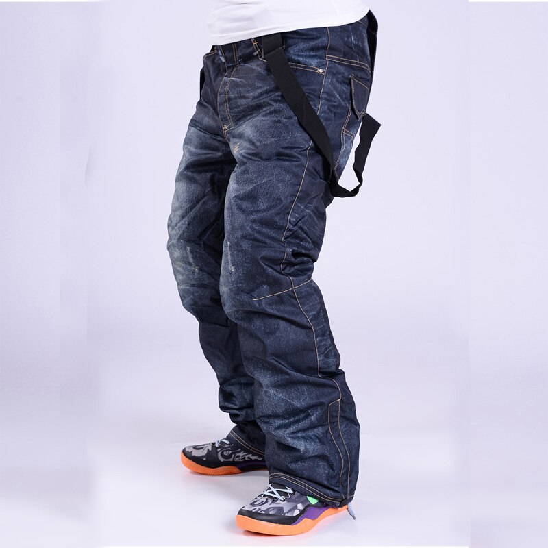 Winter Jean Snowboard Pants Men Suspenders Denim Ski Pants Skate Snow Board Thermal Windproof Waterproof Skiing Trouser: Black / XS