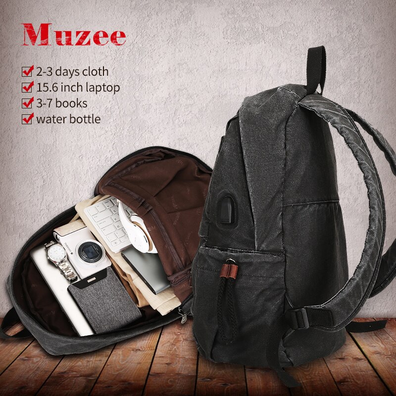 Muzee Canvas Rugzak voor Mannen School Usb-poort Opladen Tassen Reizen Laptop College Student rugzak Reizen Dagrugzak zwart 1898