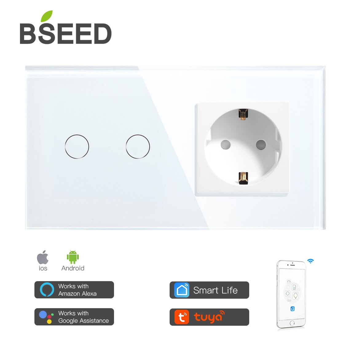 Bseed Mvava Wifi Touch Switch 1Gang 2Gang 3Gang Met Normale Eu Socket Zonder Wifi 3 Kleur Kristal glazen Paneel Smart Switch Alleen: White 2 Gang