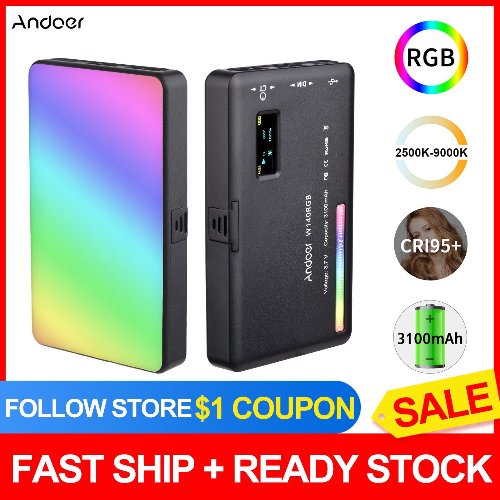 Andoer W140 RGB LED Video Light Rechargeable Photography Fill Light CRI95+ 2500K-9000K 20 Lighting Effects for Video Shooting