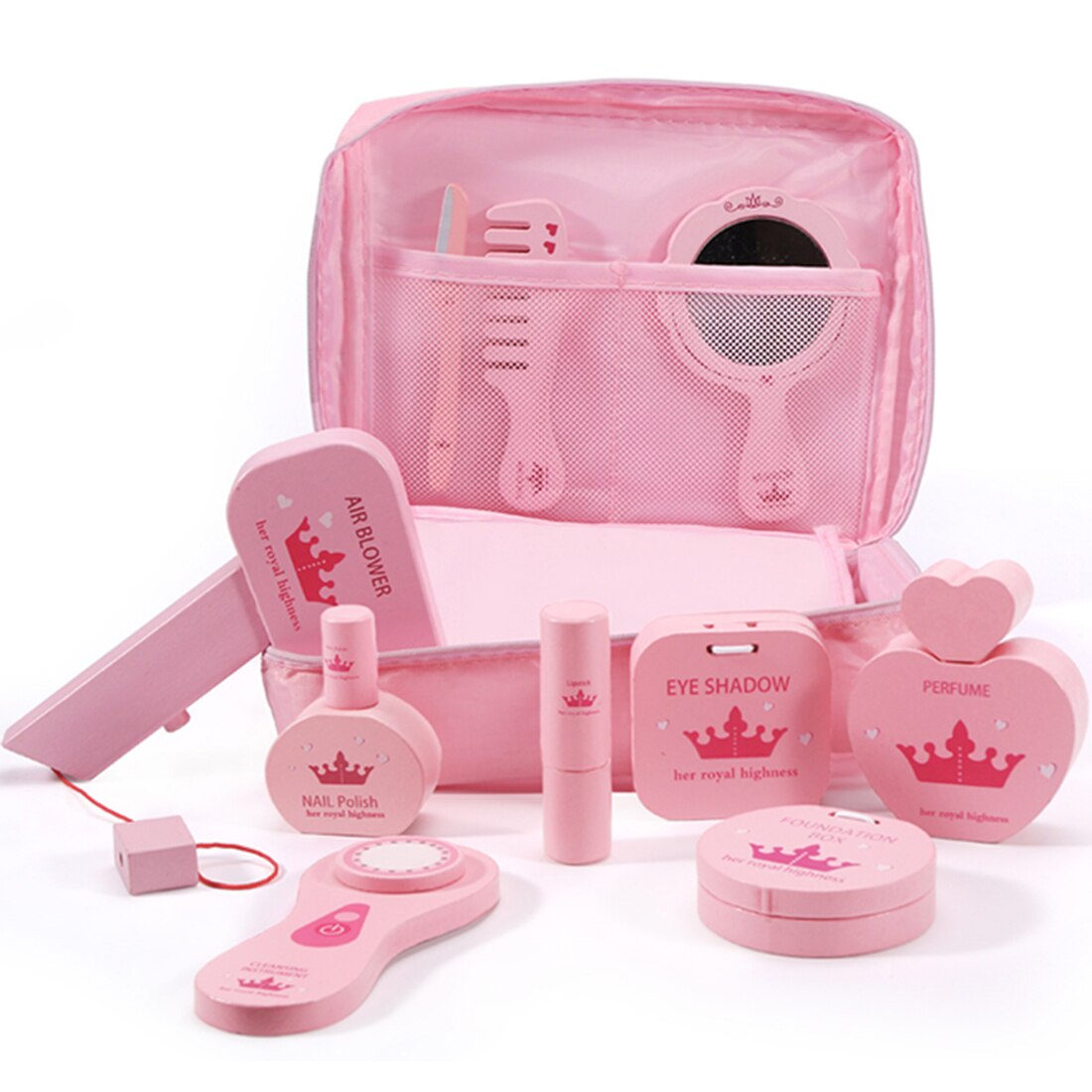 11Pcs/set Children Wooden Make Up Pretend Play Simulation Cosmetic Bag Beauty Toy For Girls - Pink