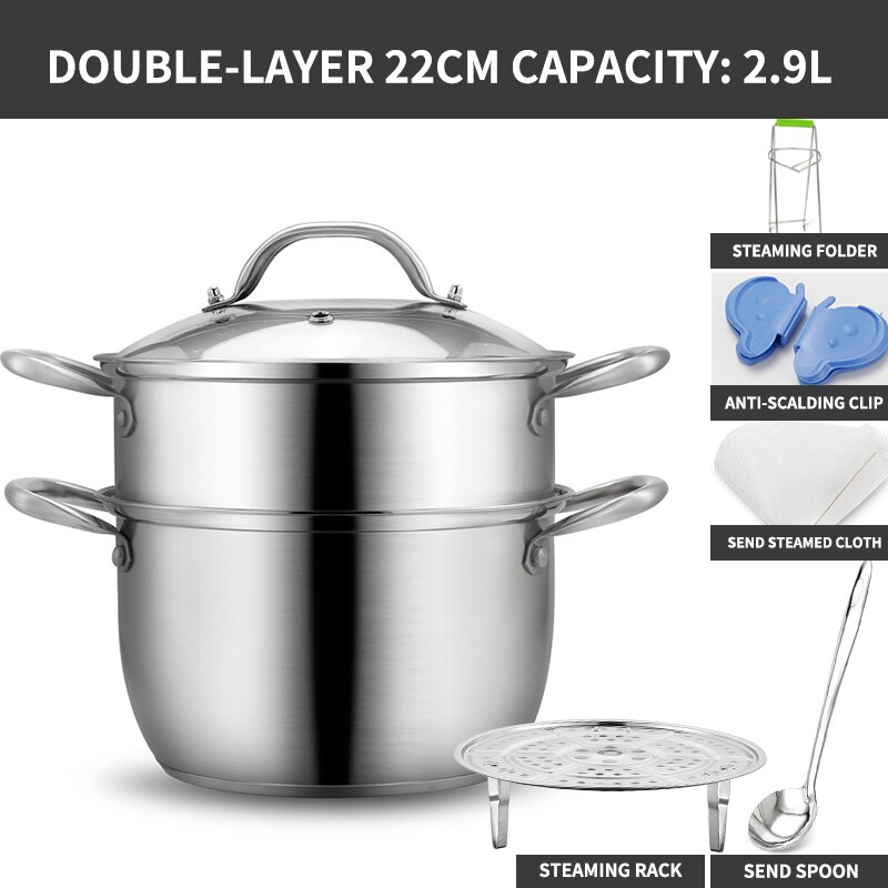 Kitchen Stainless Steel Thick Steamer pot Soup Universal Cooking Pots for Induction Cooker Gas Stove steam pot: 22cm-two layers