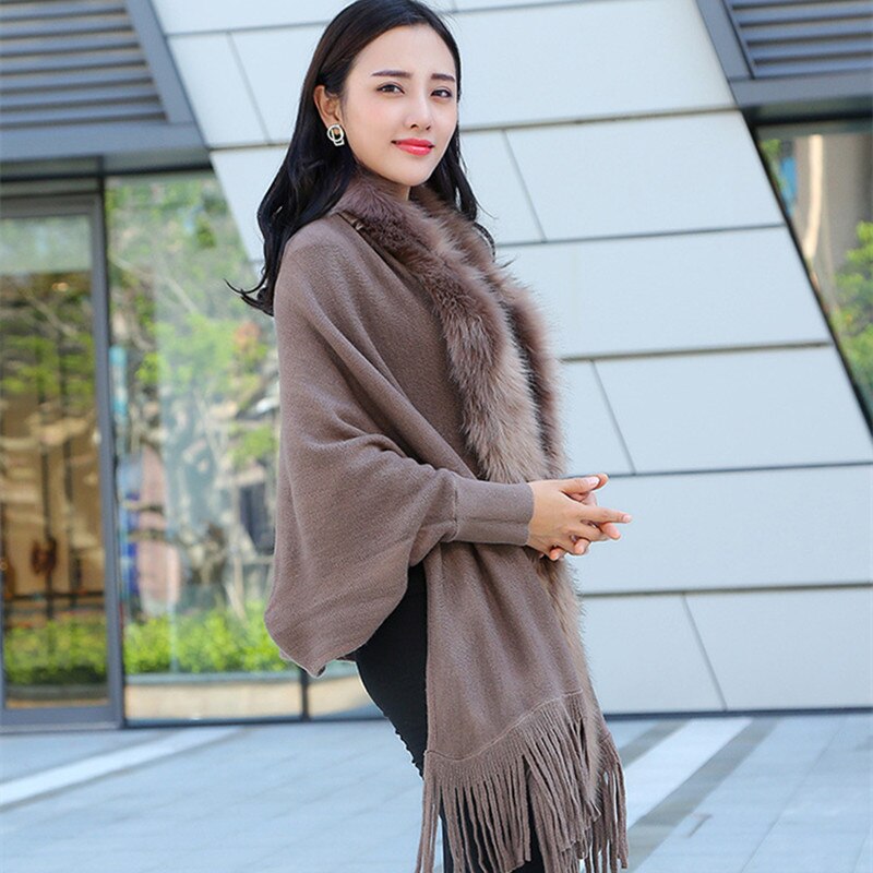 Forår damer faux fur krave cape sjal cardigan grå kvinder kvaststrik cardigan sweater poncho vinter varm frakke