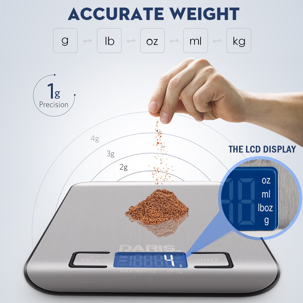 Digitaalinen keittiövaaka 10kg paino monitoimivaaka mittaa ruoanlaitto leivonta 1g/0.1oz tarkka asteikko ruostumaton teräs