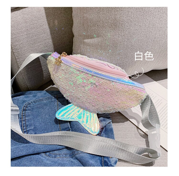 Bolso de cintura con lentejuelas para niños y niñas, bolsa de pecho de un solo hombro con sirena brillante, monedero móvil, novedad de: Blanco