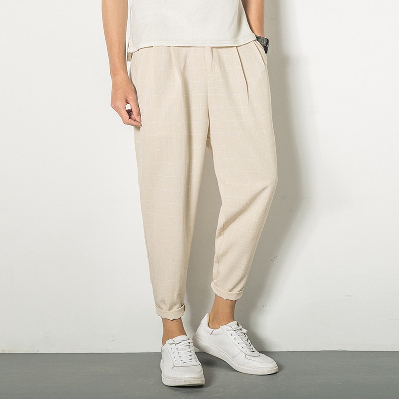 Japanischen Jahrgang Leinen Plaid Tasche Breite Quer verlieren Gabelung Hiphop Harem Jogger Streetwear Knöchel-Länge Schlauch Plus Größe Koreanische