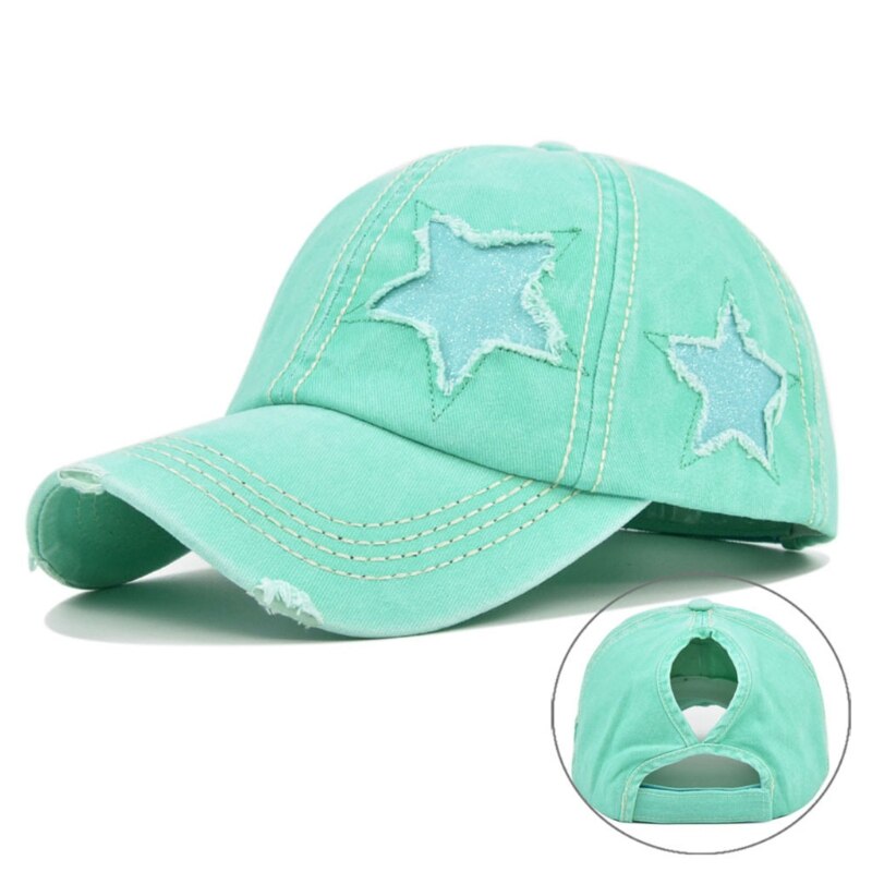 Vrouwen Gewassen Baseball Cap Glitter Ster Borduurwerk Verontruste Paardenstaart Gat Hoed: green