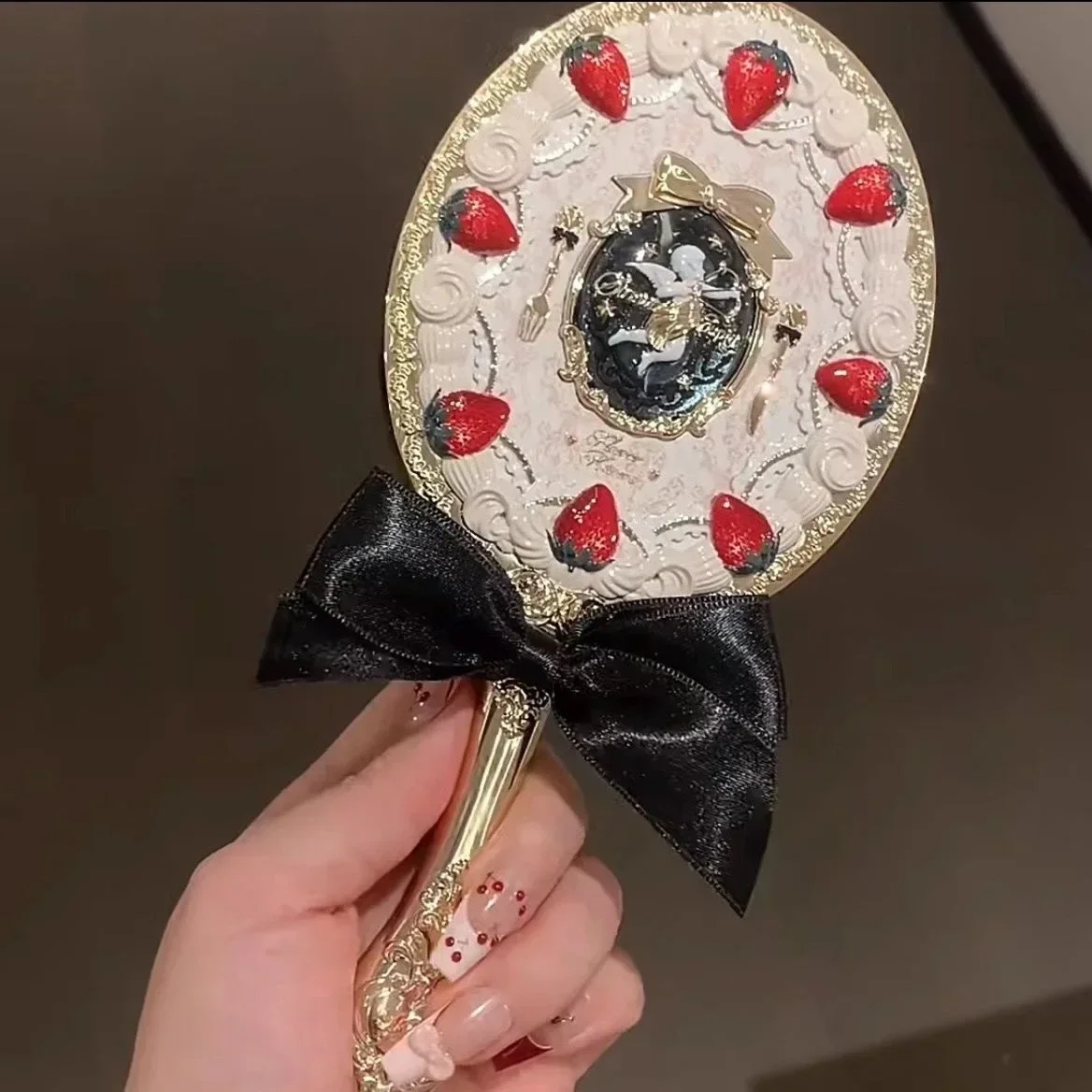 Flower Knows – miroir à main cupidon aux fraises, miroirs de maquillage, miroir Vintage: Black