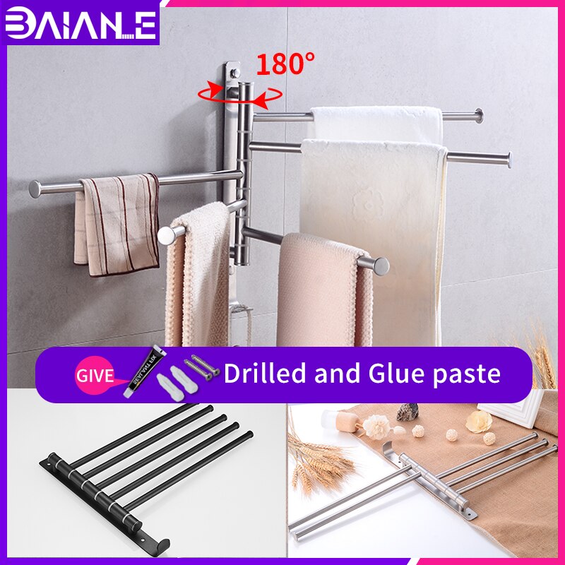 Bathroom rotating towel bar with hook stainless steel Towel rack wall mounted glue paste double towel cloakroom towel shelf