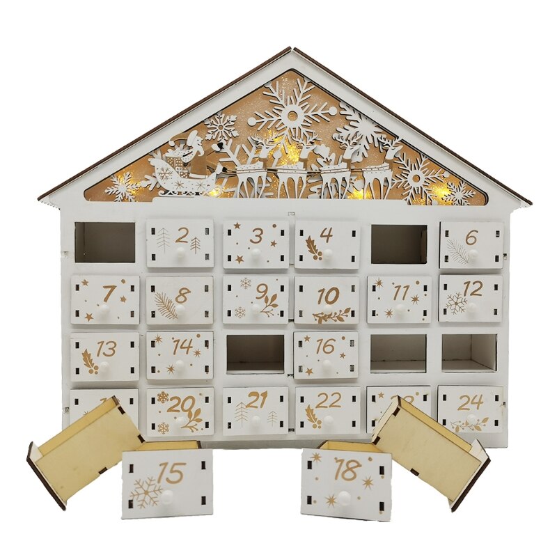 11XA Christmas Wooden House Advent Calendar LED Lighted Snowflake Reindeer Scene Countdown Ornament with Large Drawer Box Xmas