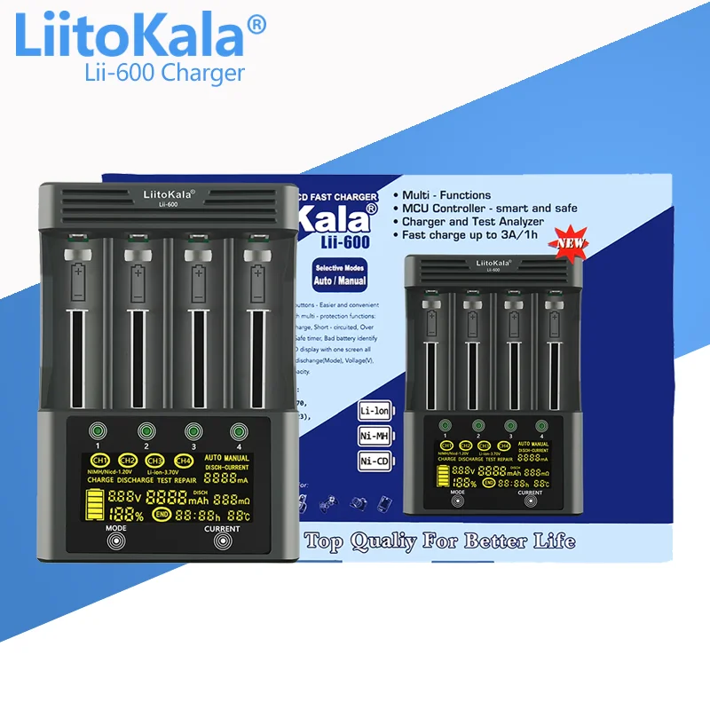 LiitoKala Lii-600 batterijlader voor Li-ion 3,7 V en NiMH 1,2 V batterij geschikt voor 18650 26650 21700 26700 AA AAA 12V5A