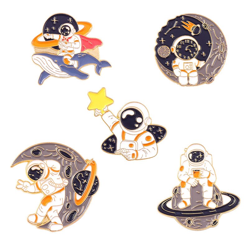Astronaut Walvis Emaille Pins Planet Rocket Star Moon Galaxy Koffie Metalen Broches Badges Pins Top