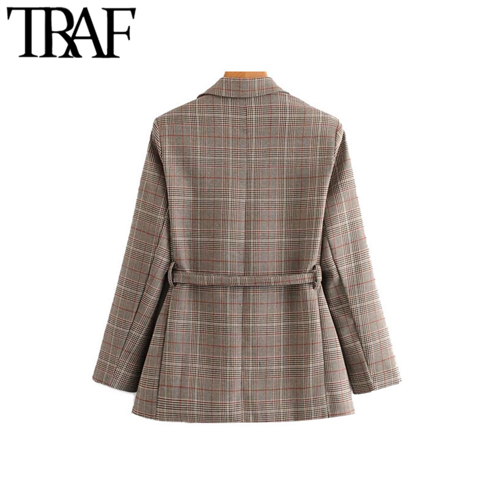 Traf kvinner vintage stilig kontorklær rutete blazerkåpe langermet med belte kvinnelig yttertøy elegante topper