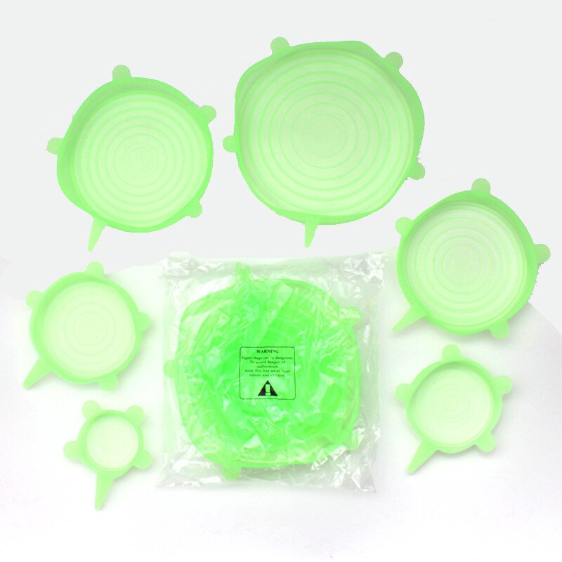6Pcs Reusable Silicone Stretch Fresh Food Lids Stretch Fresh Keeping Caps For Kitchen Accessories Top Food Lids: Green silicone lid