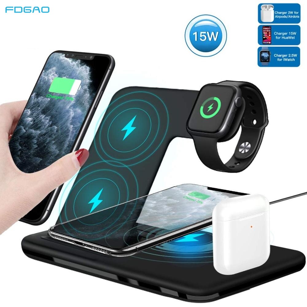 4-in-1 Wireless Charger Station 15W - For Apple Watch, AirPods, iPhone, Samsung - Type-C