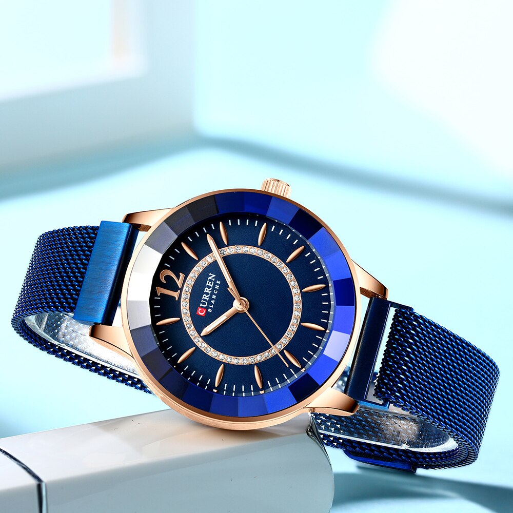 Curren Strass Mode Quartz Mesh Stalen Horloge Voor Vrouwen Causale Blauw Dames Horloge Bayan Kol Saati Classy Luxe Klok