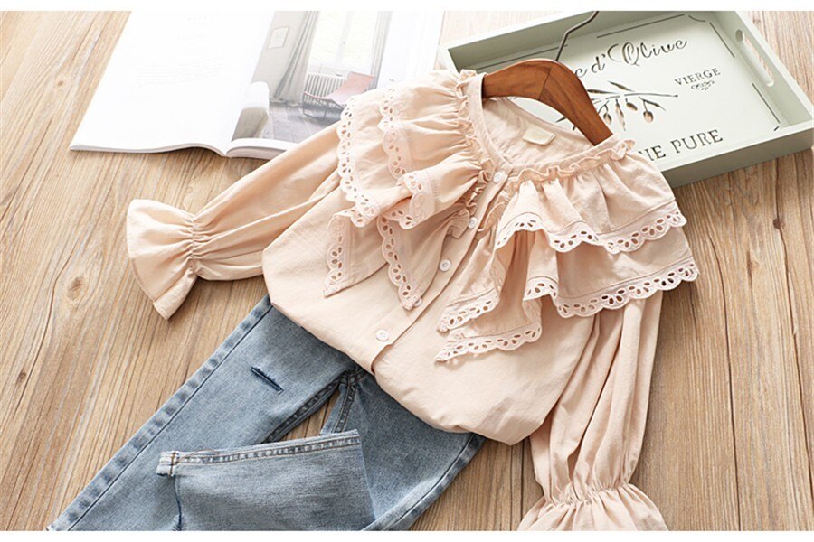 Meisjesblouses 2 3 4 5 6 jaar kindertopjes voor meisjes ruches split lange mouwen meisjesblouses voor school lentemeisjesshirts