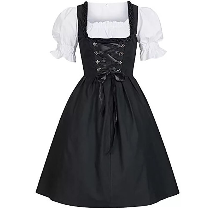 Voksne kvinder oktoberfest kostume sort dirndl udskåret kjole pufærmer ryg sløjfe snøring biergarten tøj til damer 5xl