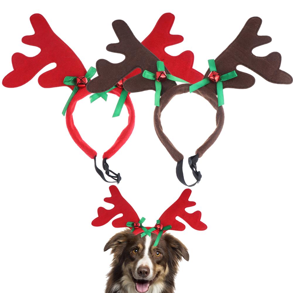 2 stk hund jul rensdyr gevir pandebånd med santa hat justerbar elastisk rem pandebånd klassisk hovedbeklædning fest kæledyr kostume: Rød
