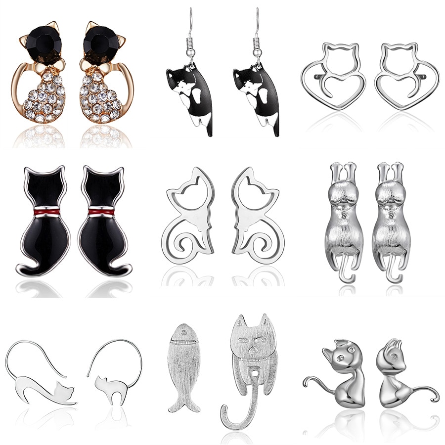 Pendientes de gatito de cristal brillante para mujer y niña, aretes de gato de acero inoxidable, accesorios de joyería, ,