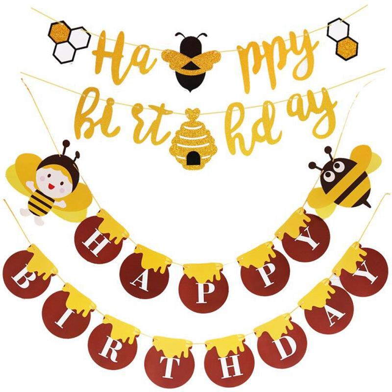 Happy Birthday Banner Bee Theme Birthday Party Background Decoration Banner Bunting Garland First Birthday Party Supplies