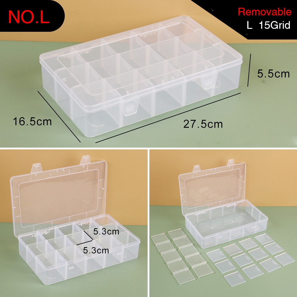 Plastic Storage Box Adjustable 1-36 Grids Compartment Jewelry Earring Bead Screw Holder Case Display Organizer Container: L