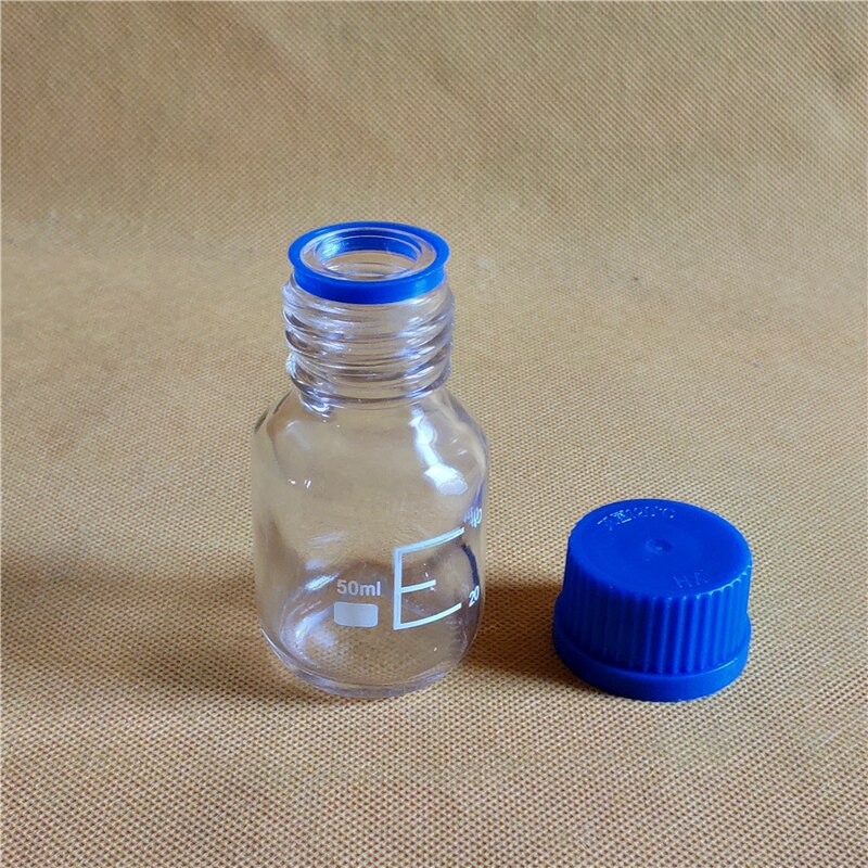 50ml reagensflaske, graduerede opbevaringsflasker med  gl45 blå skruelåg, klar glasflaske