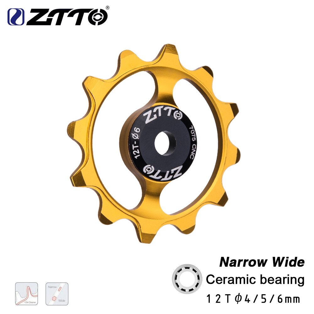 Ztto 12t 13t mtb sykkel bakgirer smal bred jockey hjul rulle keramisk trinse cnc landeveissykkel guide 4mm 5mm 6mm: 1 stk gull 12t