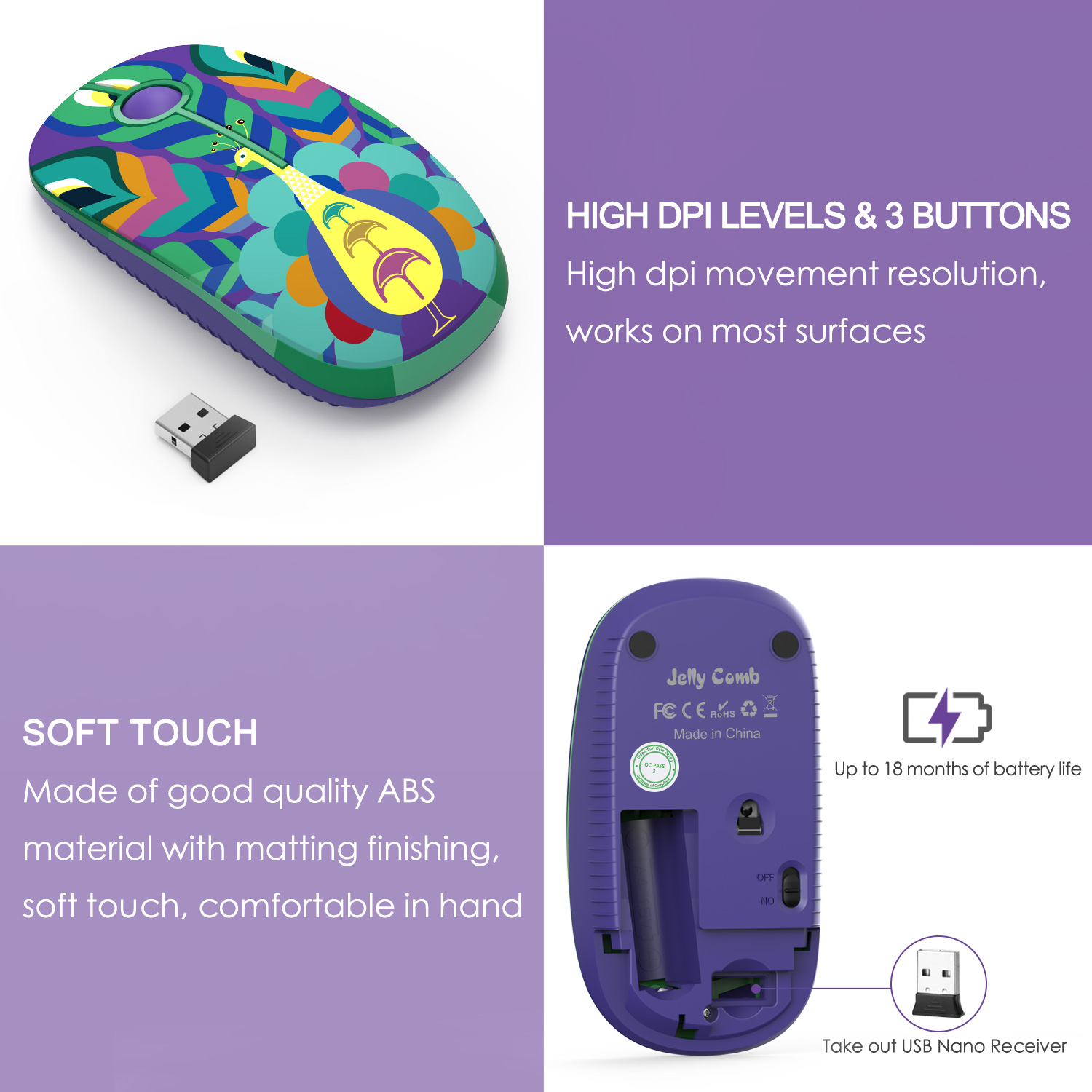 Jelly comb 2.4G Wireless mouse Cute Peacock Pattern Slim Mice with Nano Receiver Portable Mobile Optical Mice for PC Computer