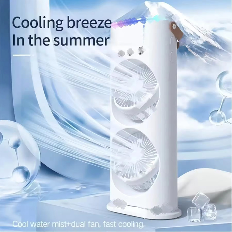 3-in-1-Doppelkopf-Sprühnebelventilator, tragbare Klimaanlagen, USB-Kabel, elektrischer Ventilator, LED-Licht, Wassernebelventilator, Luftbefeuchter