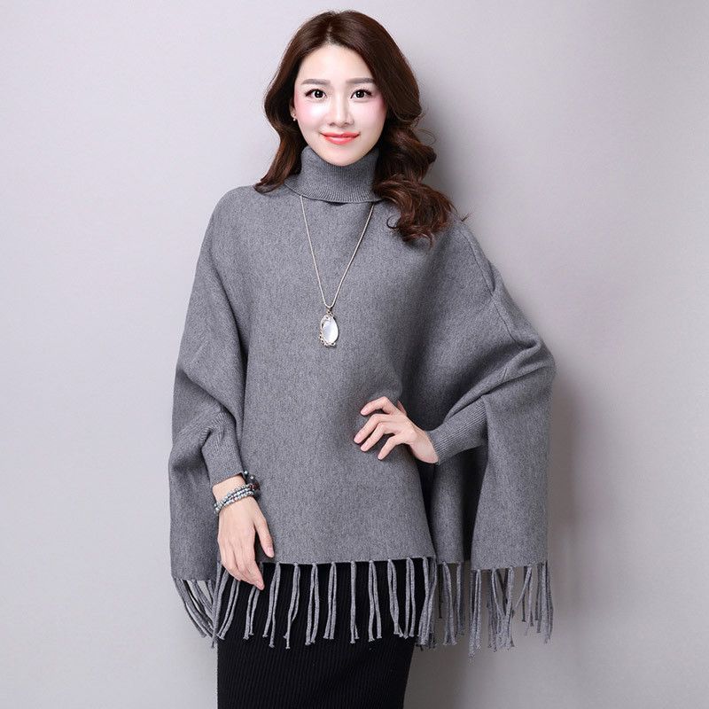Otoño Invierno mujer Casual Pullover mujeres capa con borlas de punto capa suelta Boho Poncho capas chal suéter sólido abrigo A70: gray