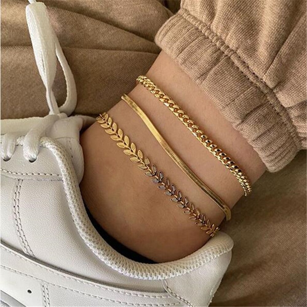 Sumeng 2022 3 Stks/set Goud Kleur Simple Chain Enkelbanden Voor Vrouwen Strand Voet Sieraden Been Chain Ankle Armbanden Accessoires