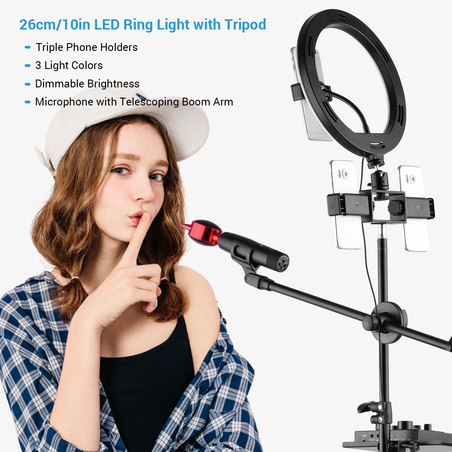 10inch led Ring Light Kit Photography Dimmable 3200-5600K w/ Tripod Ball Head Triple Phone Holders Micropone Arm Remote Shutter
