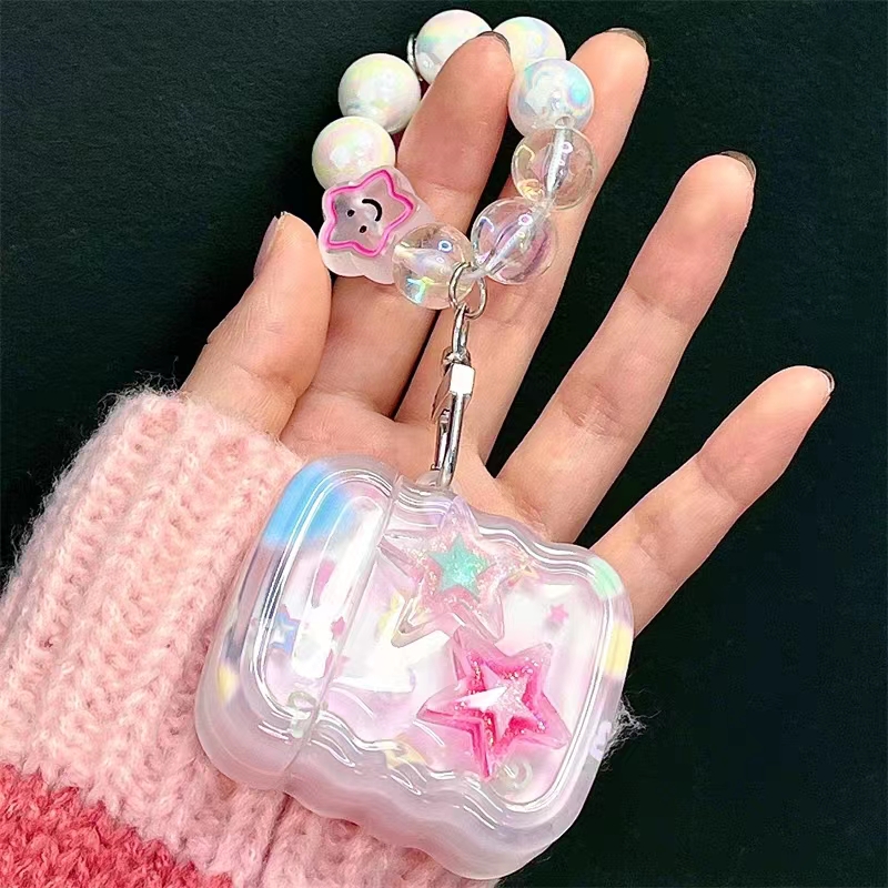 Koreanskt sött hörlursfodral med 3d rosa stjärnor och vågig kant till airpods 1 2 3 med kärlekshjärta och pärlhänge, mjukt fodral till airpods pro 2