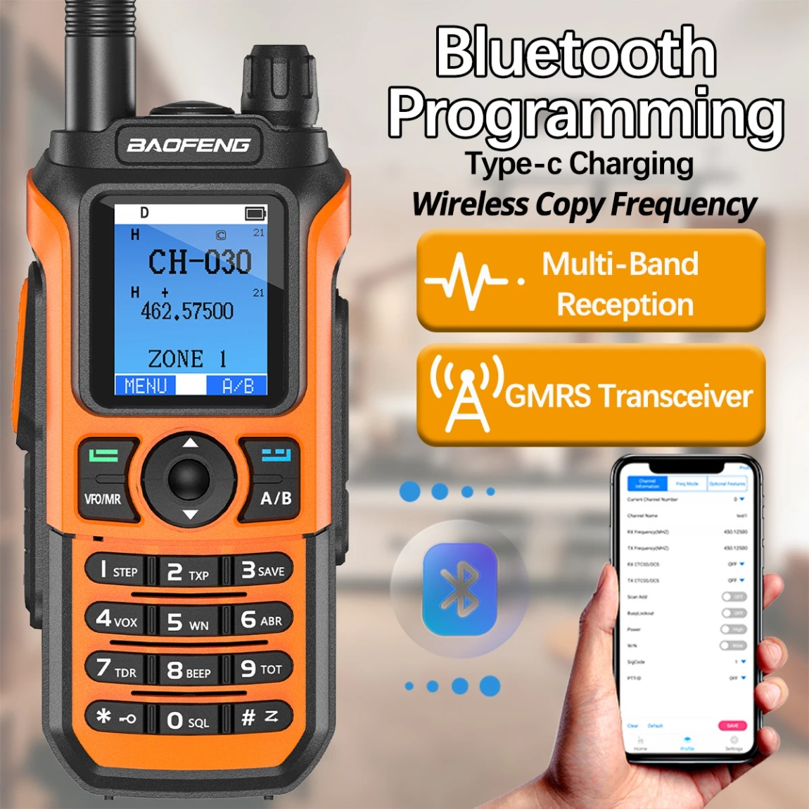 Baofeng GM-21 Walkie Talkie GMRS Transceiver Bluetooth Wireless Programing Multi-Band Receiving AM FM Type-c Charger Radio