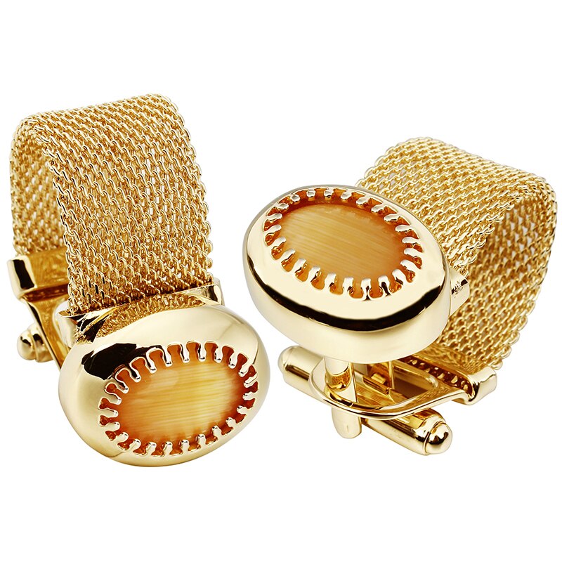 Hawkons manchetknopen met ketting voor heren - stenen en glanzend gouden overhemdaccessoires - feest voor jonge mannen (kattenoog)