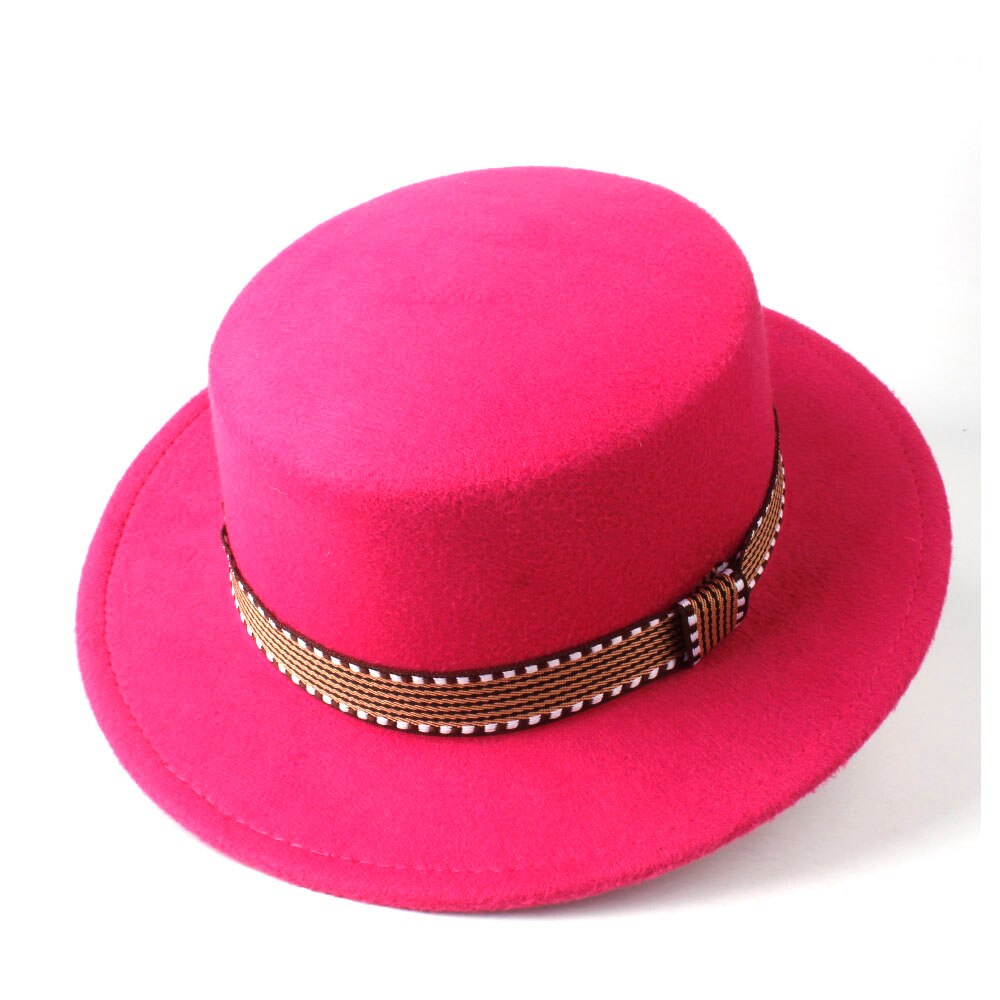 Men Women Flat Fedora Top Hat With Belt Wool Trilby Hat Pork Pie Hat Jazz Hat Size 56-58CM: Rose Red