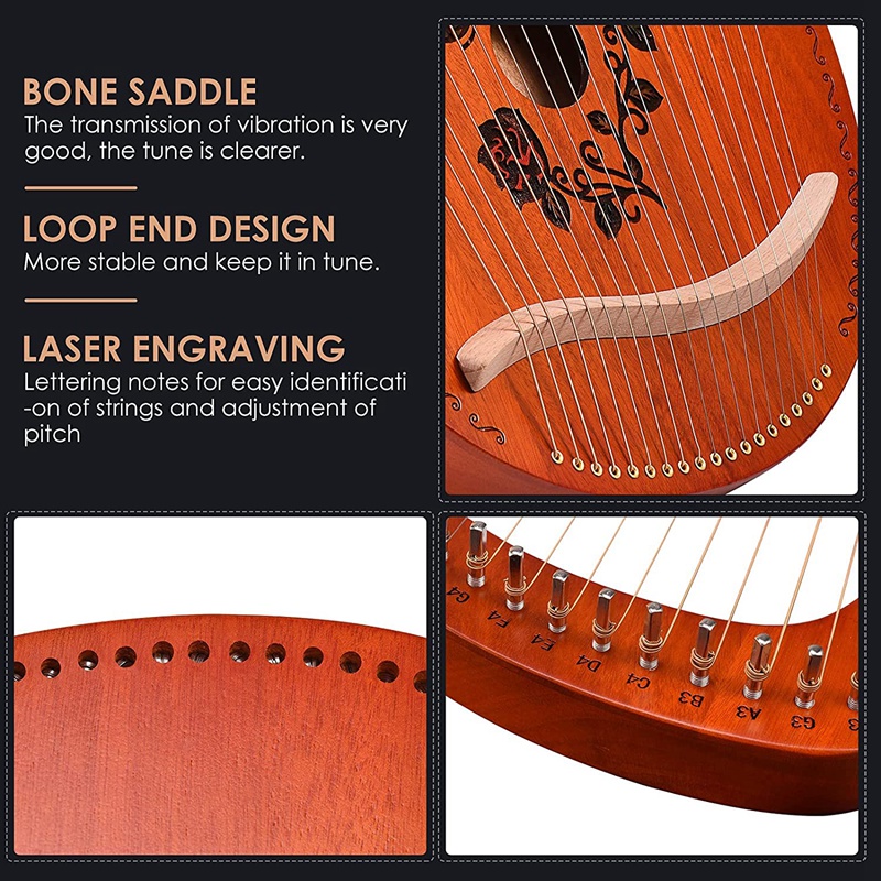 19- string lyre harp, mahogany lyre harp with tuning wrench, for both children and adults, beginner music lovers, best