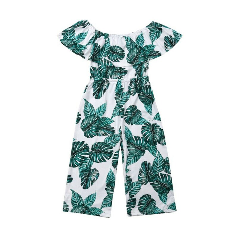 Nuovo Bambino Del Bambino Del Capretto Del Bambino di Estate Delle Ragazze Verde Foglia di Stampa Tute e Salopette Body e Pagliaccetti Freddo Spalla Ruffle Gamba Larga Generale Ropa Del Bambino Della Ragazza vestiti: 4T