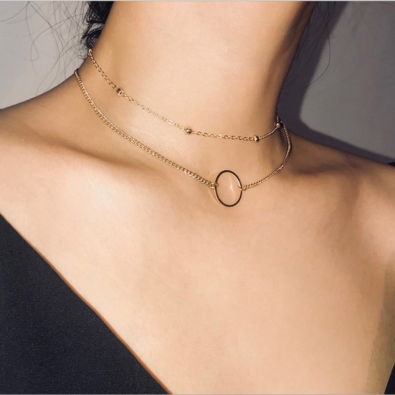 Beads Circle Women&#39;s Neck Chain Choker Necklace Jewelry on the neck Decoration Gold Color Chocker Collar for girl