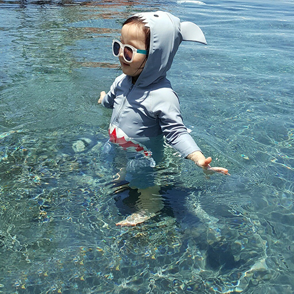 Kinderen Badmode Kids Lange Mouw Cartoon Haai Hooded Strand Een Stuk Badpak Kinderen Beachwear Sport Zwemmen Pak T9 #