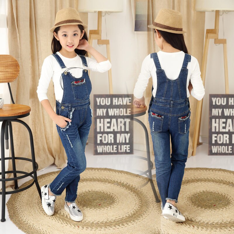 Kids Denim Overalls Jumpsuit Voor Meisjes Gat Gescheurde Jeans Broek Kinderen Denim Bib Jumpsuit Tiener Jeans Broek Jarretel