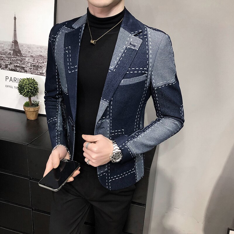 Luxury Denim Blazers Men Spring Autumn Washed Denim Casual Suit Jacket Male Korean Plaid Street Wear Slim Fit Mens Casual Blazer: Navy blue / Asian M 48-55KG