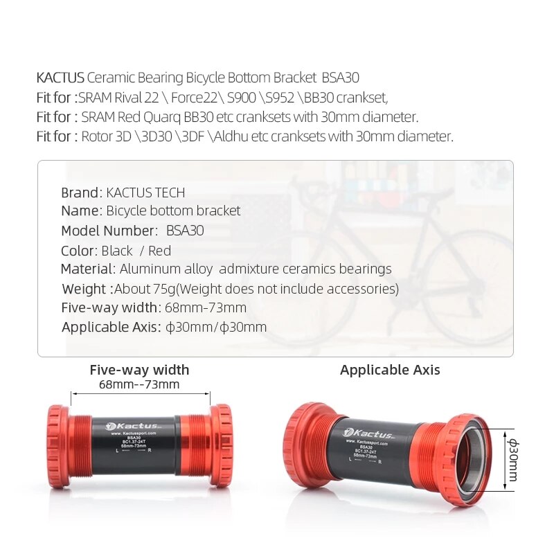 KACTUS BSA30 Central Movement Ceramic Bearing Bike Bottom Bracket Fit for SRAM Rival 22 \ Force22\ S900 etc Bicycle Cranksets