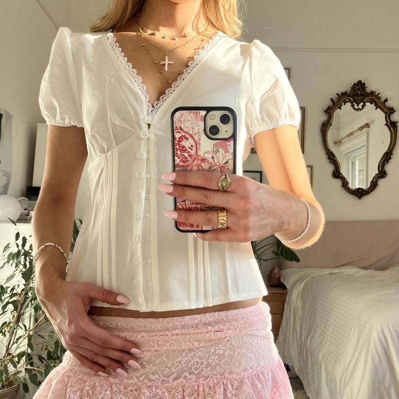 Maemukilabe Französisch Stil Spitze trimmen Ernte Spitzen Frauen V-ausschnitt Taste hoch Melkerin Bluse Hütte Fee Y2K T-Shirt Jahrgang Streetwear