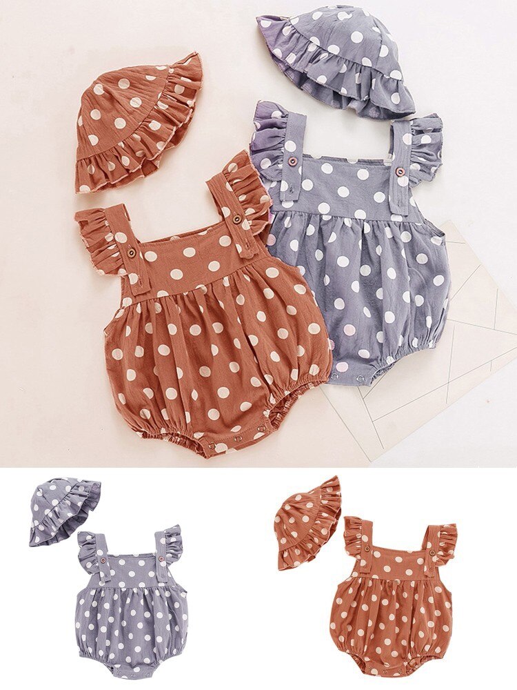 Jednoczęściowy kombinezon dla dziewczynki chłopcy; falbany drukuj strój ciało; Kapelusz; Zestaw ubrań dla dzieci 3-24 miesiące, upuszczać Wysyłka 