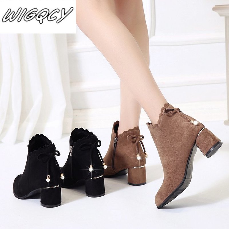 Bottes Martin à talons hauts en dentelle épaisse et pointue pour femme, style d'hiver