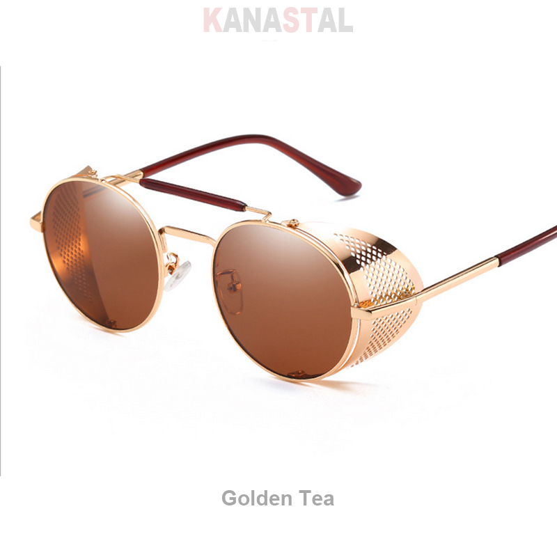Retro Round Steampunk Sunglasses Men Women UV Side Shield Glasses Metal Frame Gothic Mirror Lens Sun Glasses: Red