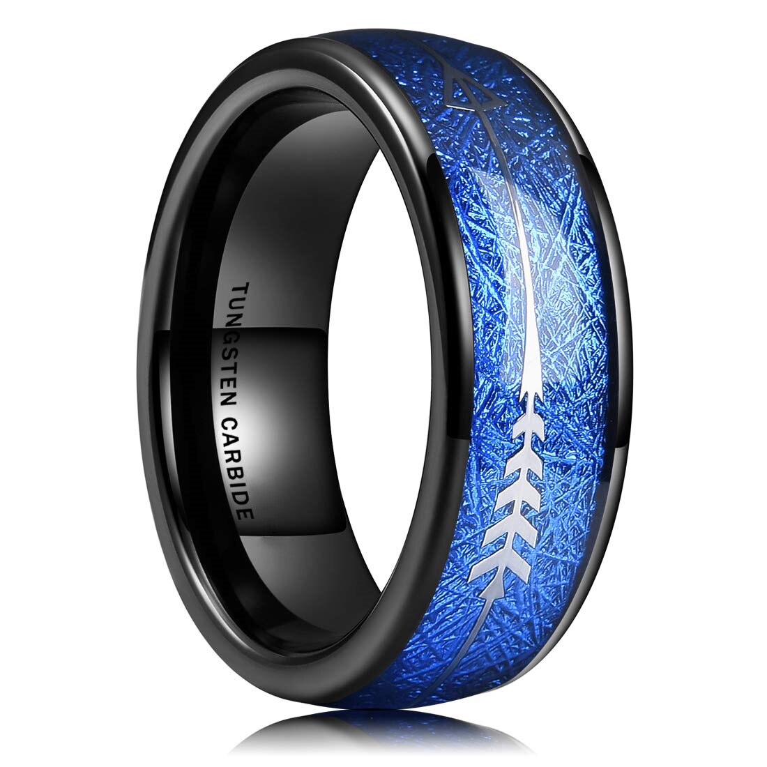 FDLK 8mm Black Tungsten Carbide Stainless Steel Ring Inlay Meteorite Arrow Wedding Band Men's Jewelry: 7