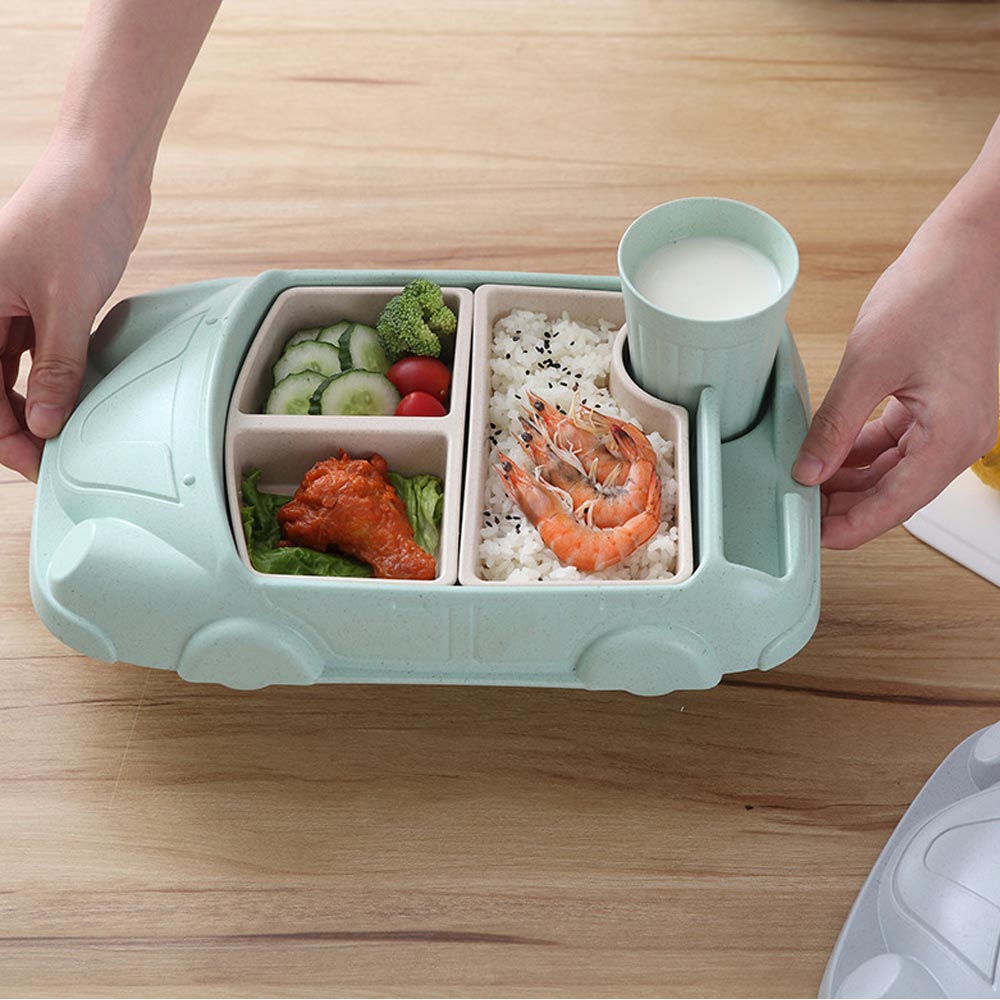 Plato dispensador de platos de coche de dibujos animados para bebé, vajilla para niño, juego de alimentación de fibra de bambú, tazón, utensilios, accesorios de comida